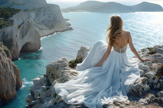 Foto una mujer con un vestido blanco se sienta en una repisa rocosa con vistas al océano