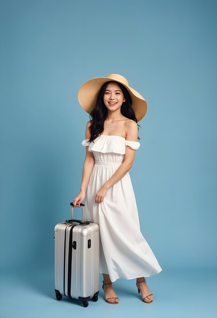 una mujer en un vestido blanco con un sombrero y una maleta