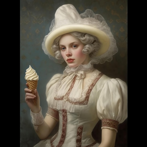 Foto una mujer con un vestido blanco con un sombrero y un vestido branco sosteniendo un cono de helado.