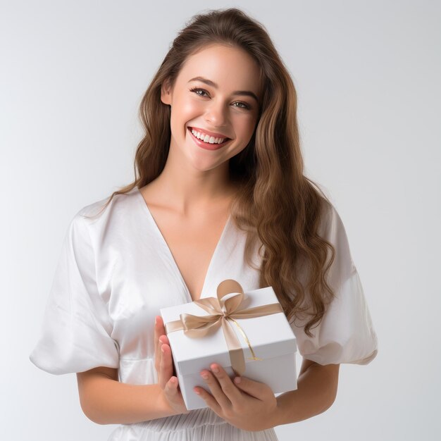 una mujer con un vestido blanco sosteniendo una caja de regalos.