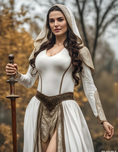 Foto una mujer con un vestido blanco está sosteniendo una espada y una espada