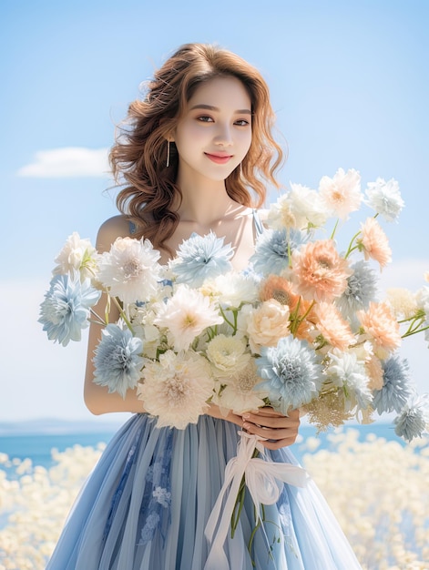 Una mujer con un vestido blanco sosteniendo un ramo de flores.