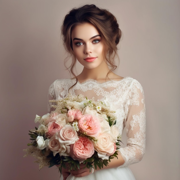 Una mujer con un vestido blanco sostiene un ramo de flores.