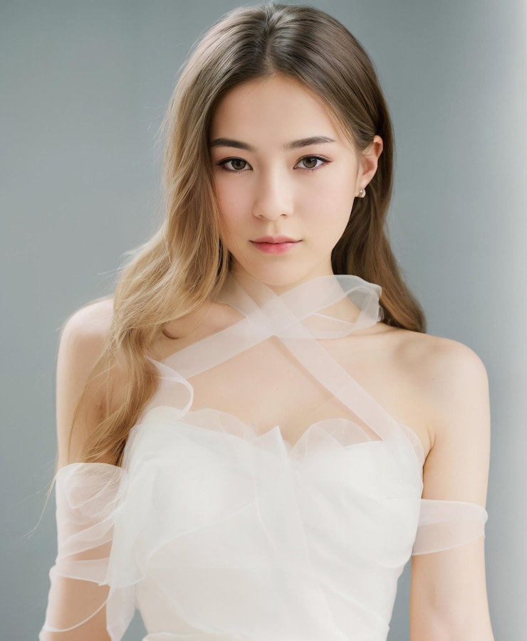 Una mujer con un vestido blanco con un top blanco y una falda rosa.