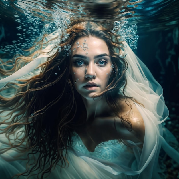 Foto una mujer con un vestido blanco y un velo está bajo el agua rodeada de burbujas