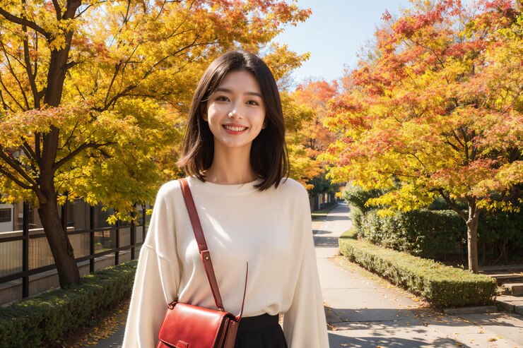 una mujer en un vestido con una bolsa roja