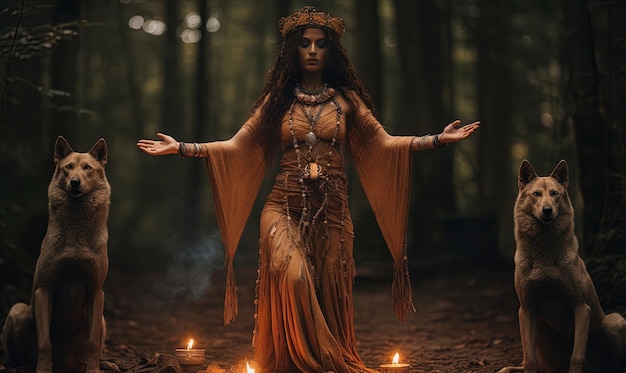 una mujer en un vestido con una cadena de oro alrededor de su cuello está de pie en la oscuridad