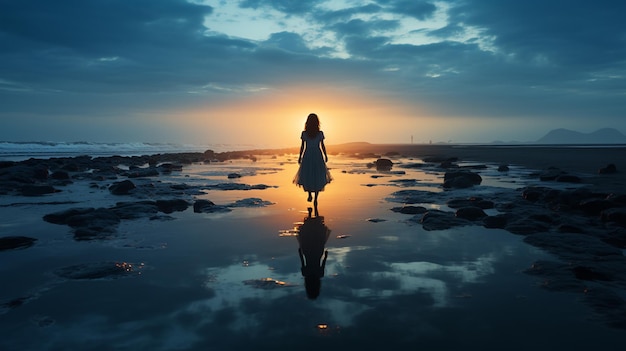 mujer en un vestido camina a lo largo del mar al atardecer foto de alta calidad