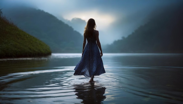 Mujer con vestido camina a través del agua medio sumergida con la espalda girada evocando misterio y tranquilidad