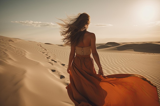 Una mujer con un vestido caminando en el desierto