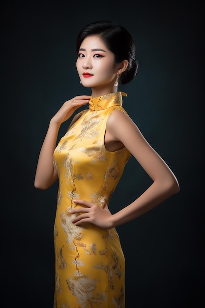 Una mujer con un vestido chino amarillo posa para una foto.