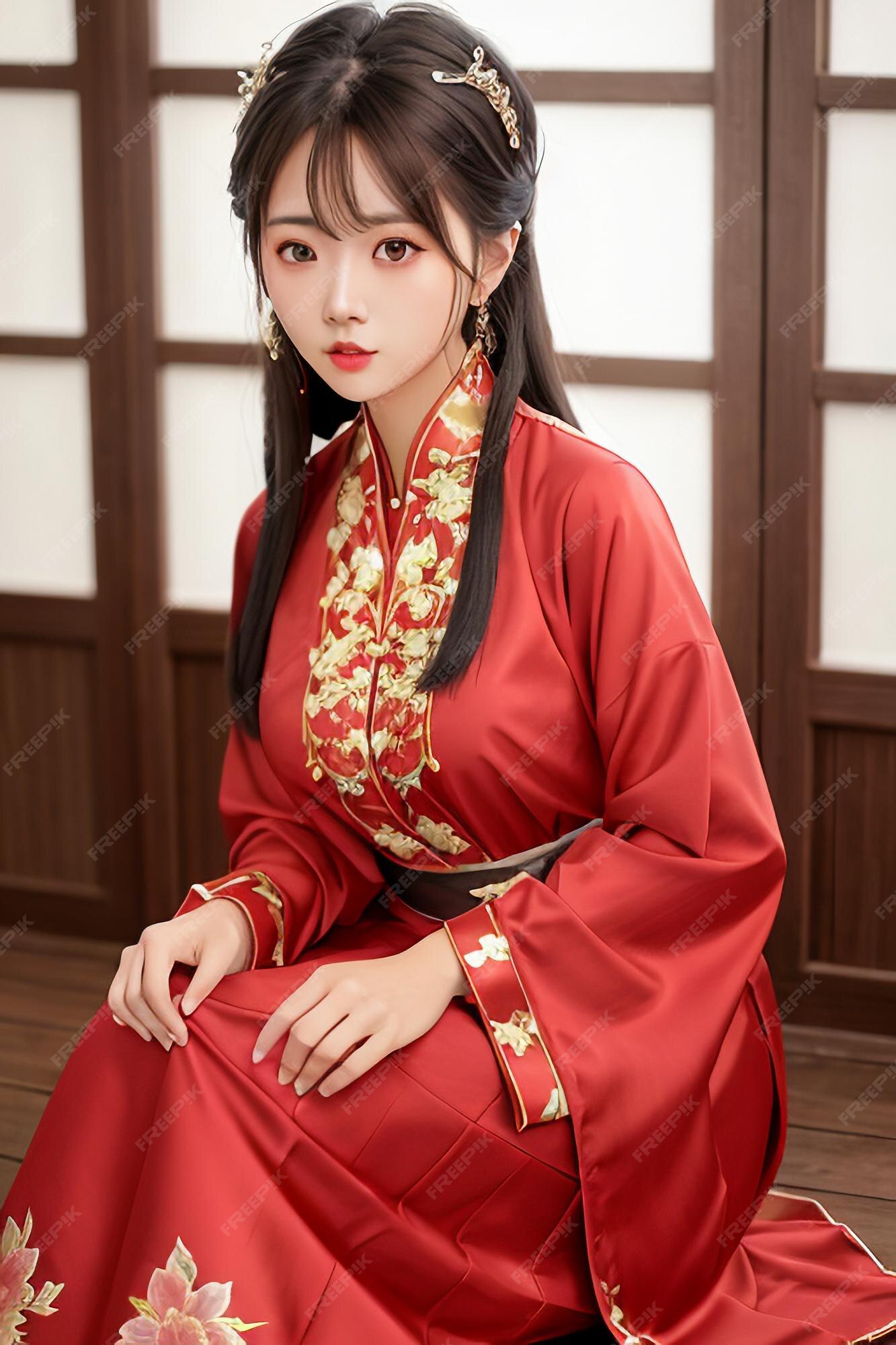 mujer un vestido chino rojo sienta frente a una ventana. | Foto Premium