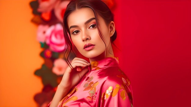 Foto una mujer con un vestido chino rosa.