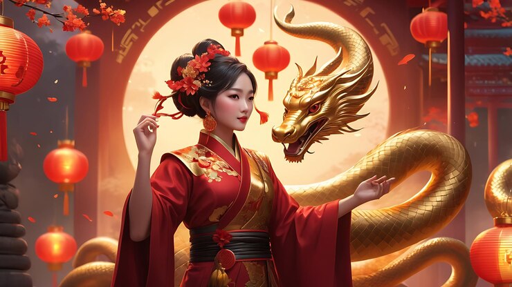 una mujer con un vestido chino sostiene un dragón con las palabras "el dragón" en el fondo