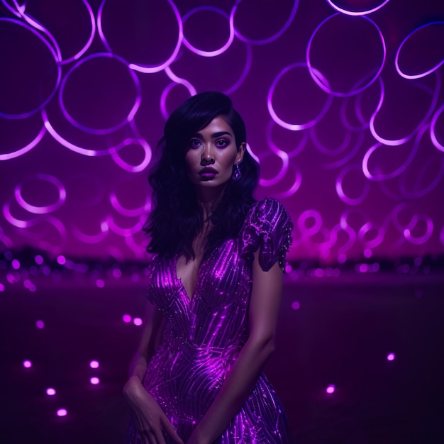 Mujer con vestido de color en el campo de noche.