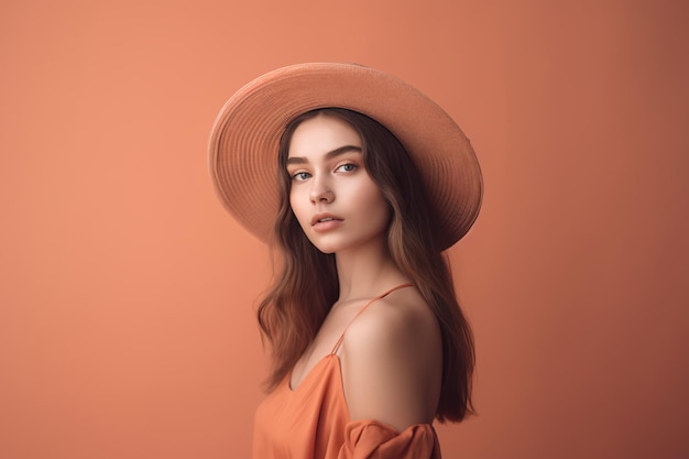 Una mujer con un vestido color melocotón y un sombrero.