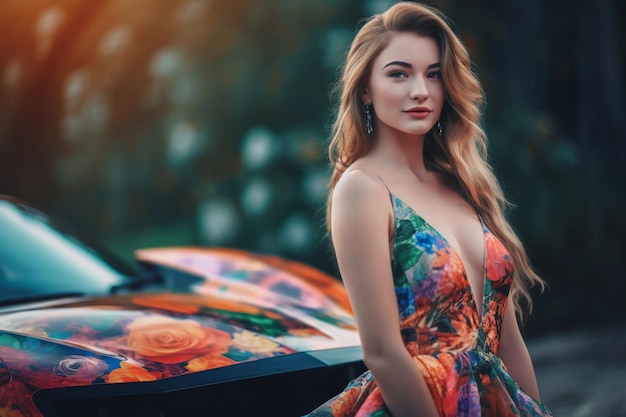 Una mujer con un vestido colorido se para al lado de un auto con la palabra amor.