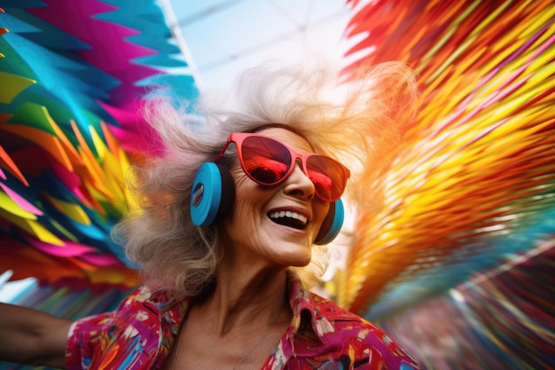 Foto mujer con vestido colorido y auriculares