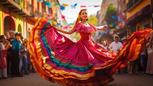 una mujer con un vestido colorido baila en la calle con una bandera colorida.