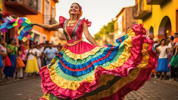 una mujer con un vestido colorido baila en la calle.