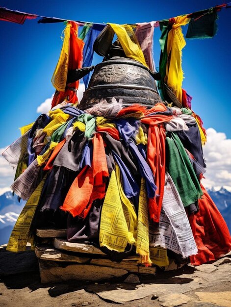 Foto una mujer con un vestido colorido en la cabeza está de pie frente a una montaña