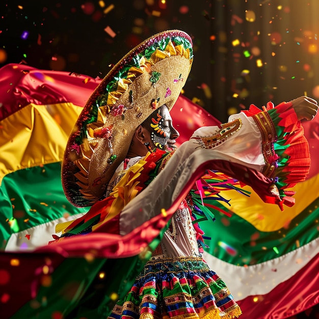 una mujer con un vestido colorido está bailando con una bandera en el fondo