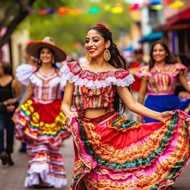 Una mujer con un vestido colorido está bailando en la calle