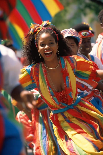 una mujer con un vestido colorido está bailando en un desfile