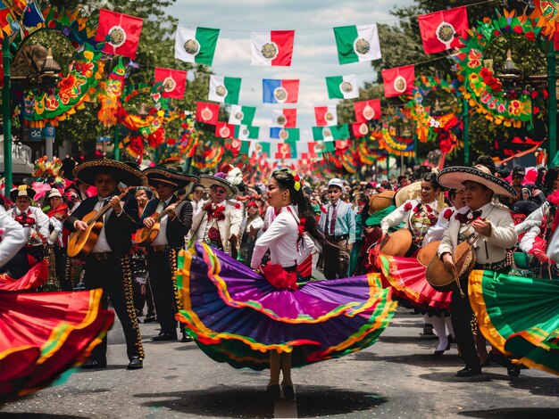 Una mujer con un vestido colorido está bailando en un festival mexicano cinco de mayo