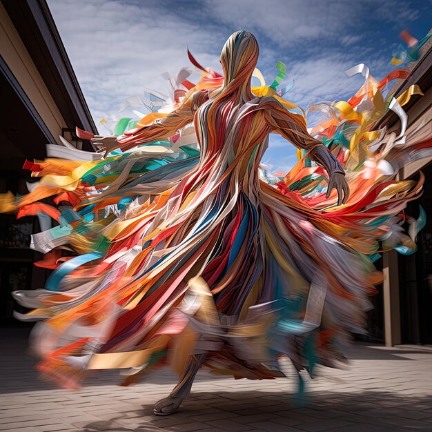 una mujer en un vestido colorido está bailando con una gran banda de colores