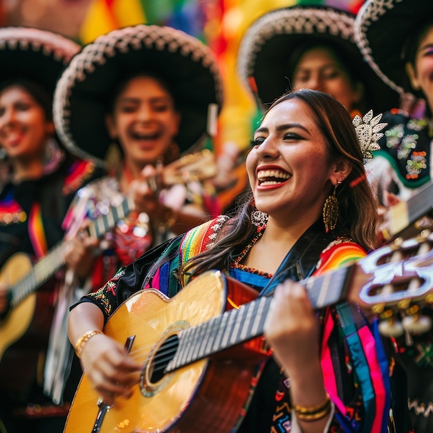 Una mujer con un vestido colorido está tocando la guitarra en un desfile las otras personas en el desfile también están