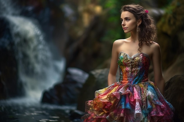 Una mujer con un vestido colorido se para frente a una cascada.