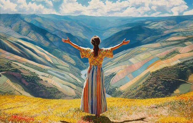 Foto una mujer con un vestido colorido se para frente a un paisaje montañoso.