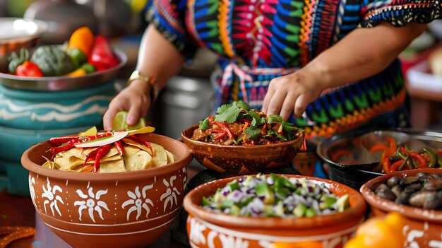 Foto una mujer con un vestido colorido está preparando un banquete mexicano