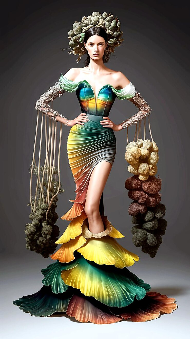 una mujer en un vestido colorido con un ramo de uvas