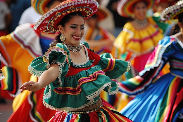 Una mujer con un vestido colorido y un sombrero bailando