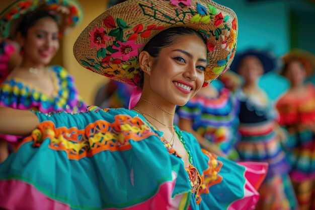 Una mujer con un vestido colorido y un sombrero de paja