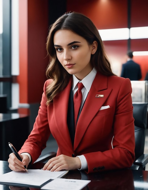 Una mujer con un vestido corporativo rojo