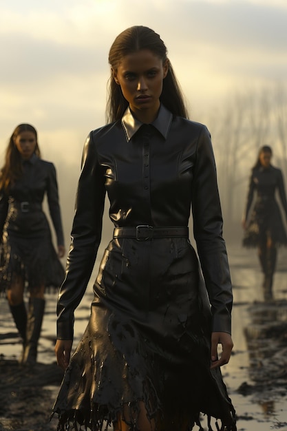 una mujer con un vestido de cuero negro caminando en un charco