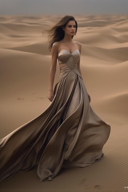 Una mujer con un vestido en el desierto.