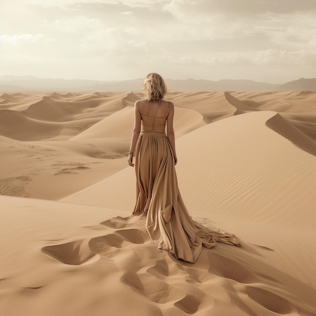 Una mujer con un vestido se para en el desierto.