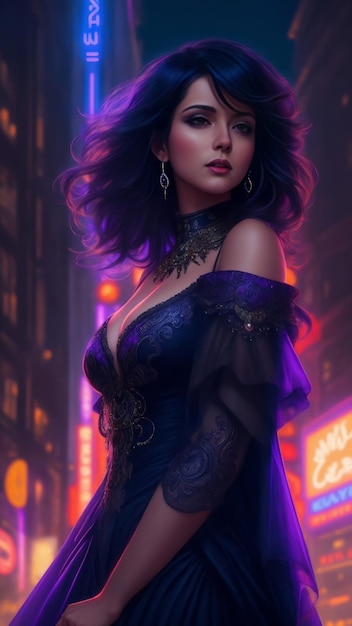 Una mujer con un vestido de diseño azul oscuro, cabello colorido, color neón.