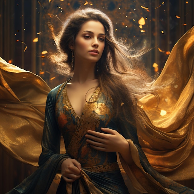 una mujer con un vestido dorado con alas doradas y alas doradas.