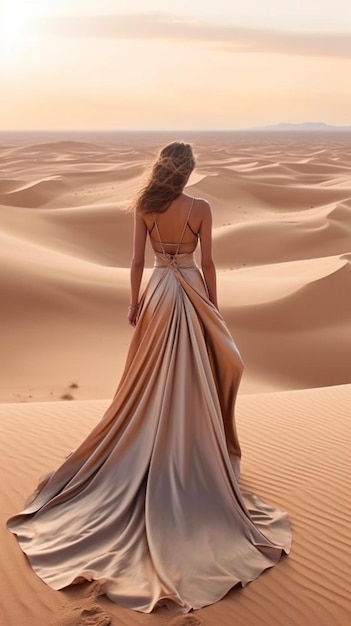 Una mujer con un vestido dorado se para en el desierto.