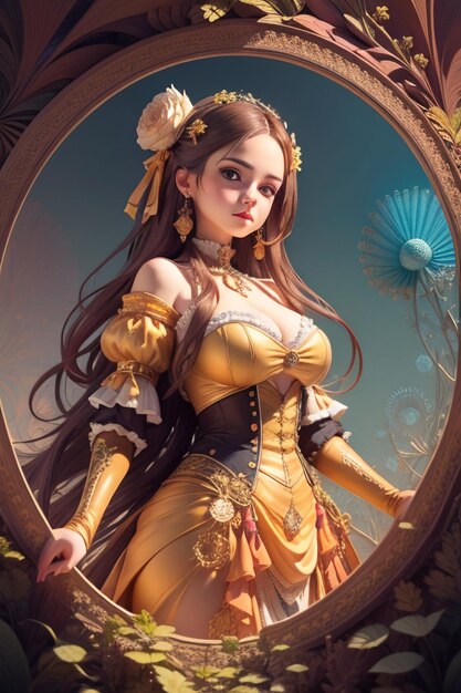 Una mujer con un vestido dorado y una flor en la cabeza.