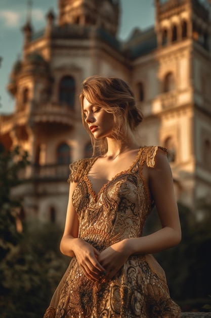 Una mujer con un vestido dorado se para frente a un castillo.