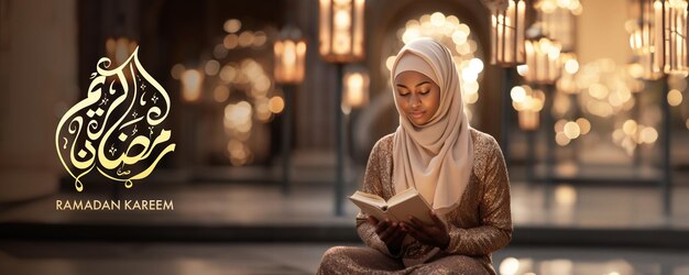 Una mujer con un vestido dorado lee un libro en una mezquita