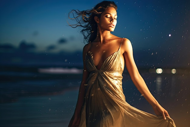 Una mujer con un vestido dorado se para en una playa por la noche.