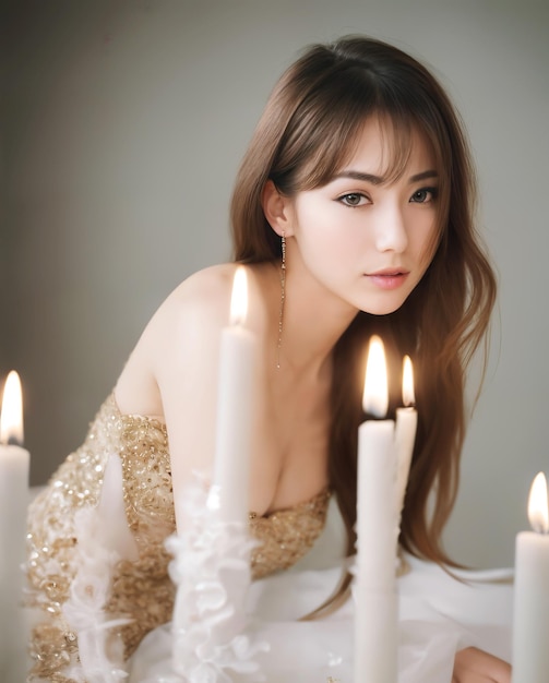 Una mujer con un vestido dorado con velas en la mesa.