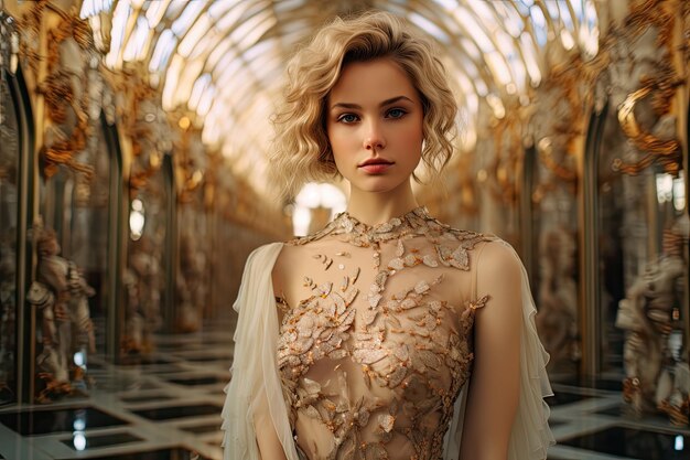 una mujer con un vestido dorado